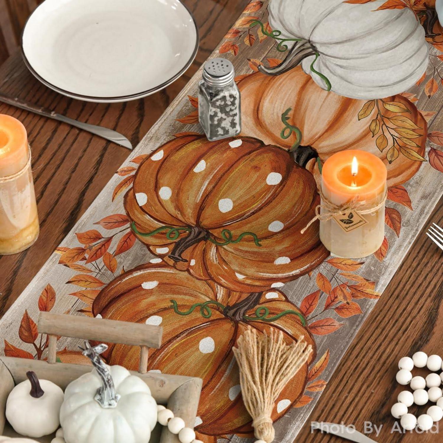 Herbst Tischläufer Kürbisse Blätter Orange 40x180 cm - Deko für Küche & Party