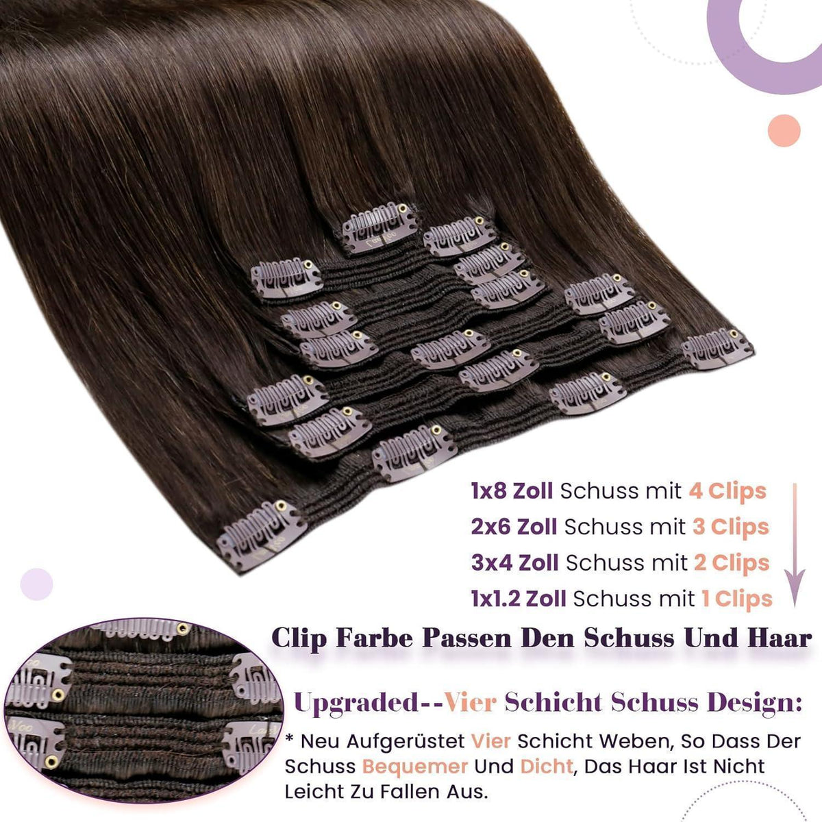 Echthaar Clip-in Extensions Dunkelbraun 40cm - 120g