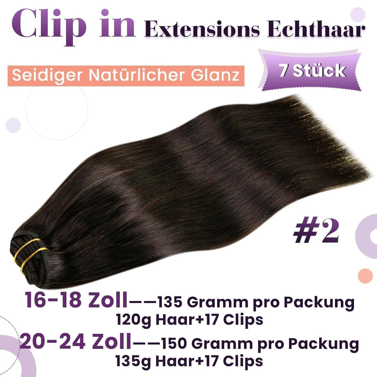 Clip-in Echthaar Extensions Dunkelbraun 55cm