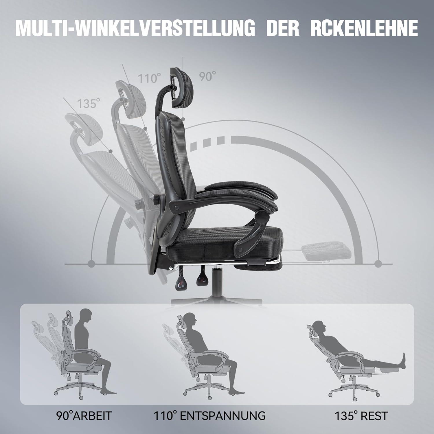 Ergonomischer Bürostuhl mit Kopfstütze und Fußstütze, Schwarz