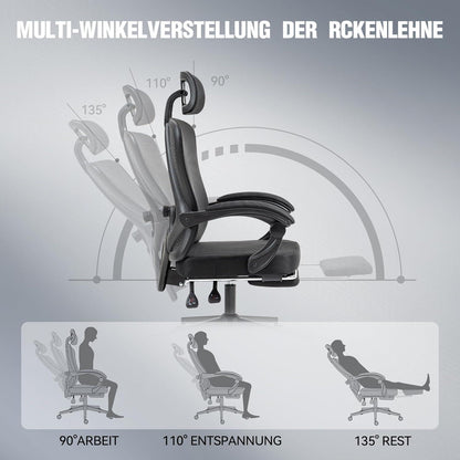 Ergonomischer Bürostuhl mit Kopfstütze und Fußstütze, Schwarz