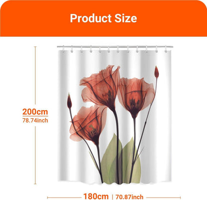 Duschvorhang 180x200cm Elegante Rote Blüten Wasserabweisend 12 Ösen