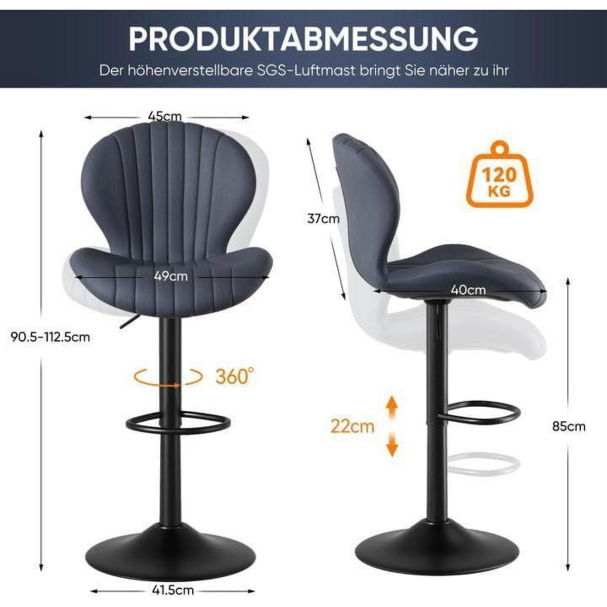 Verstellbarer Barhocker 2er Set mit Fußstütze & 360° Drehung