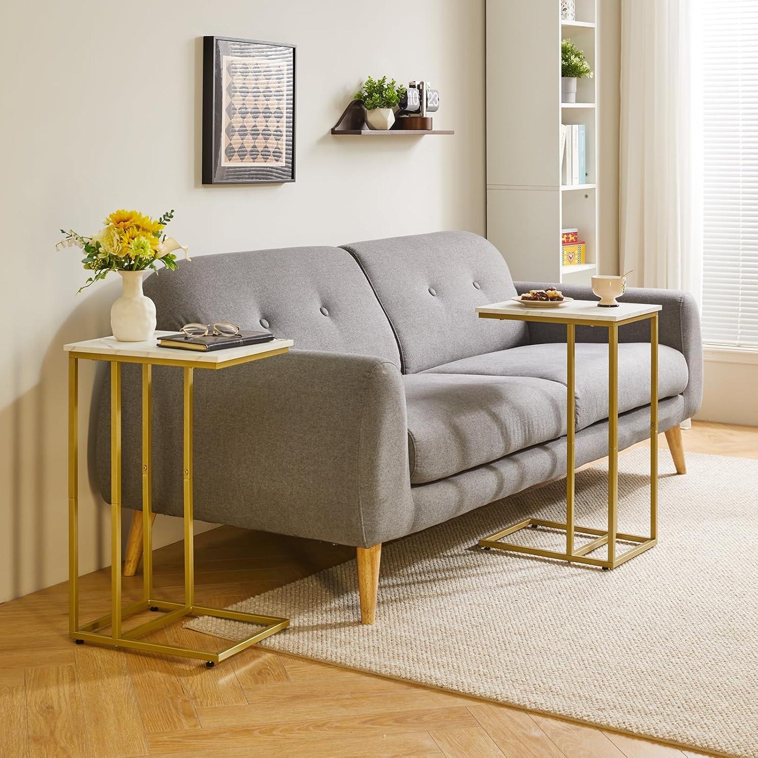 Beistelltisch 2er Set Wohnzimmer Schlafzimmer Marmorfarbe Gold Metallrahmen