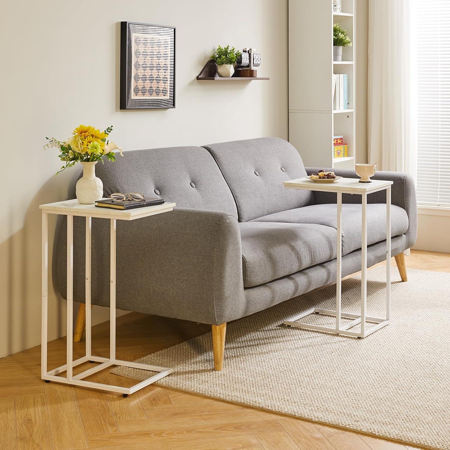 Aibiju Kleiner Sofa Beistelltisch Marmorfarbe Holzbretter Weißer Metallrahmen