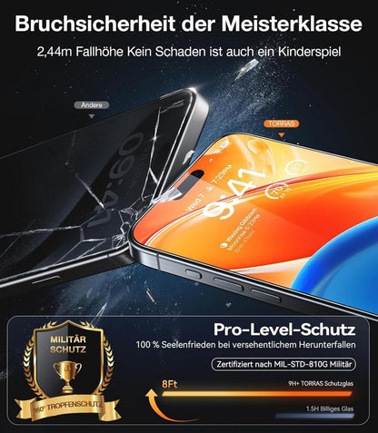 TORRAS iPhone 15 Panzerglas 9H+ Vollbild Schutzfolie 2er Set