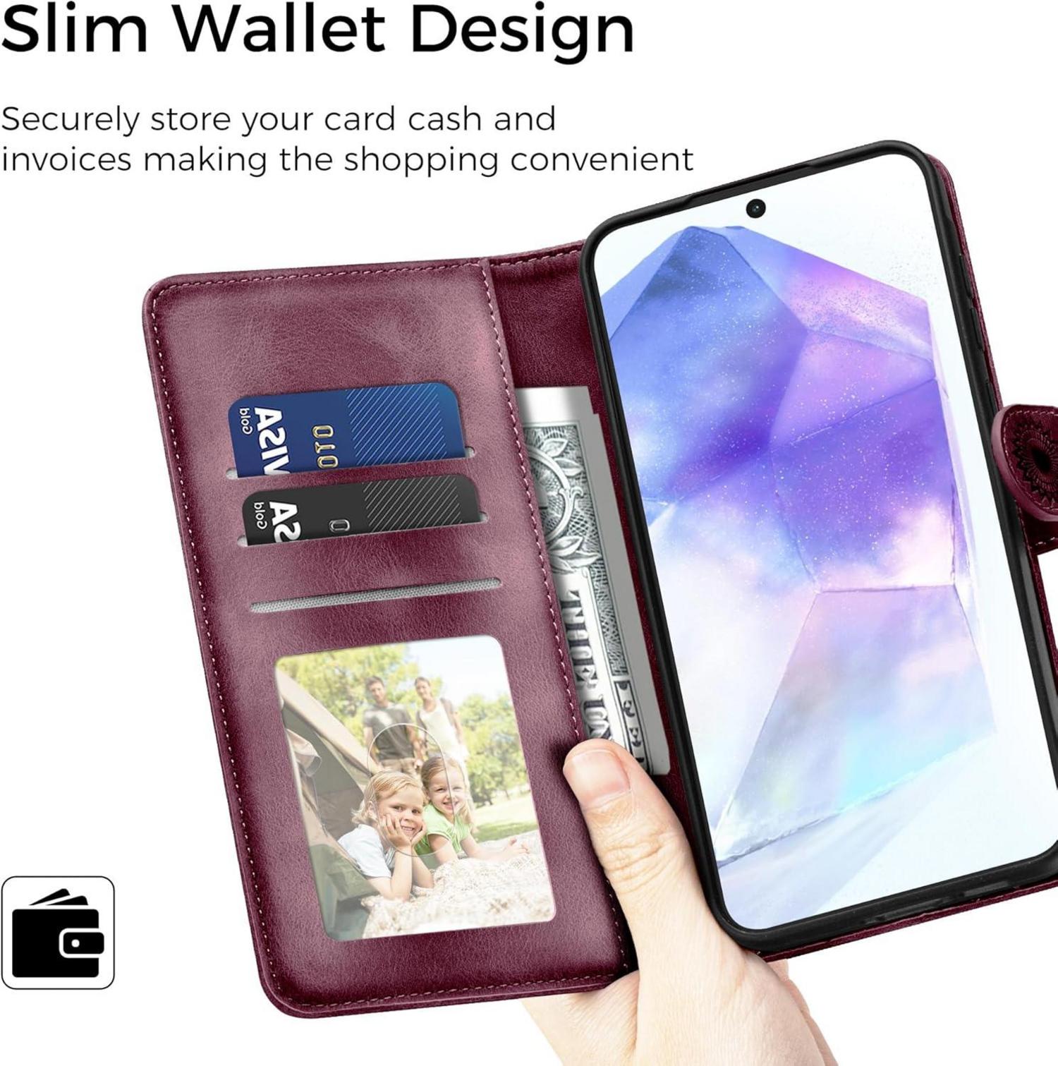 Samsung Galaxy A55 5G Lederhülle Weinrot Flip Wallet
