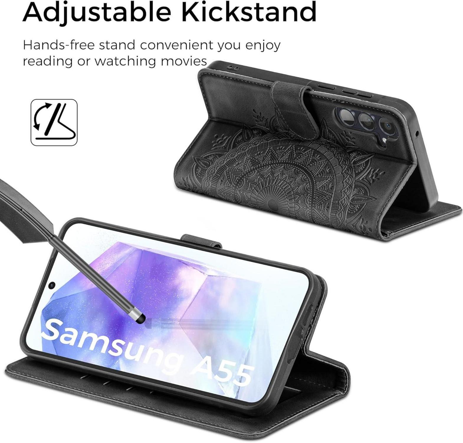 Schwarze Samsung Galaxy A55 5G Lederhülle Flip Wallet Case