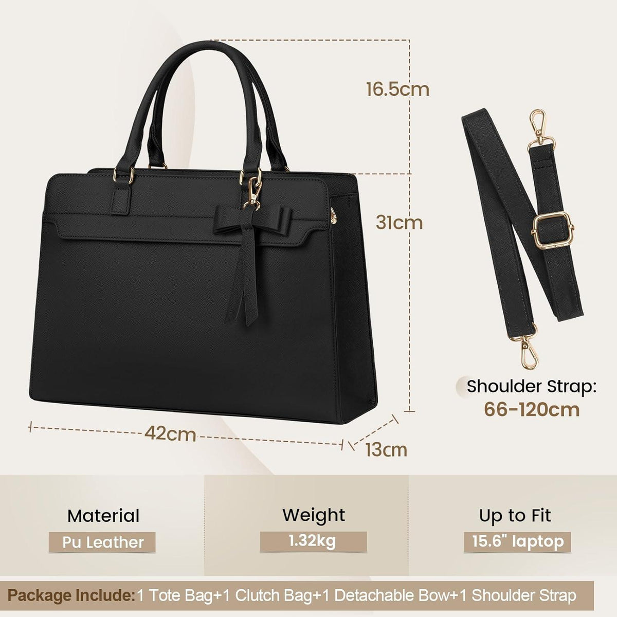 Laptoptasche Damen 15.6 Zoll Schwarz PU Leder Umhängetasche
