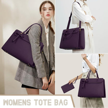 RAINSMORE Handtasche Damen Groß 15.6 Zoll Laptoptasche Wasserdicht PU Leder Arbeitstasche Umhängetasche mit Geldbörse 2-teiliges Set Lila
