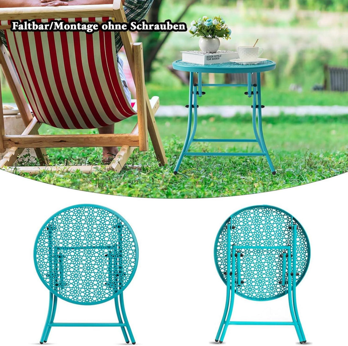 Faltbarer Outdoor Beistelltisch mit Blumenmotiv, Metall, Anti-Rost, Blau