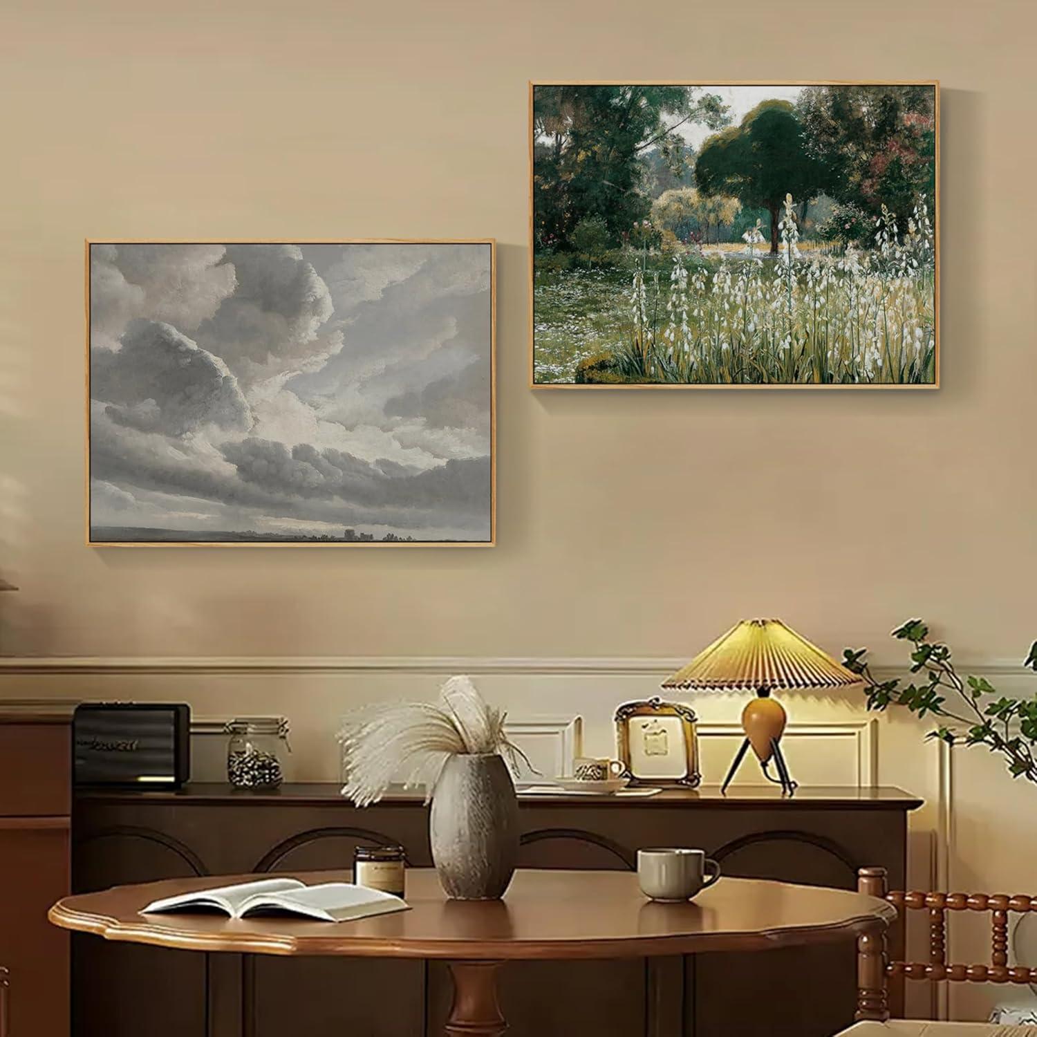 Vintage Leinwandbilder 30x40 cm mit Holzrahmen für Wohnzimmer - Natur Sonnenuntergang Landschaft - Wanddekoration
