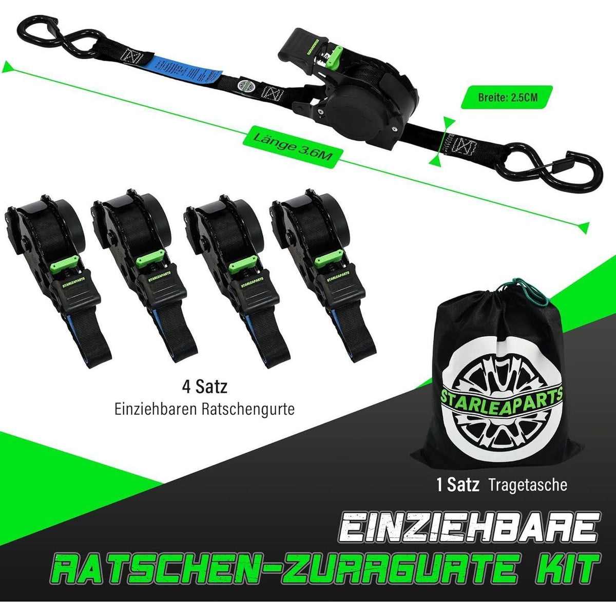 Automatischer Spanngurt-Set 4er Pack – 3,6m, 340KG