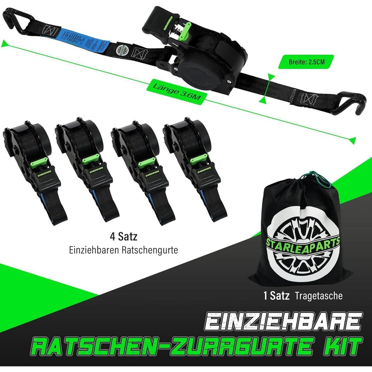 Automatischer Spanngurt-Set 4er-Pack – 3,6m x 25mm