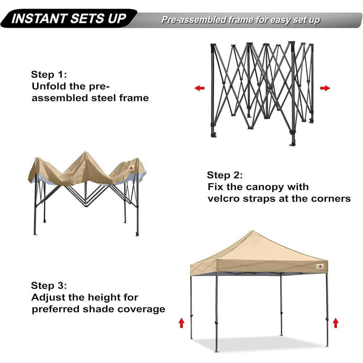 Pop-Up Pavillon 2,5x2,5m Wasserdicht Beige mit 3 Höhenstufen