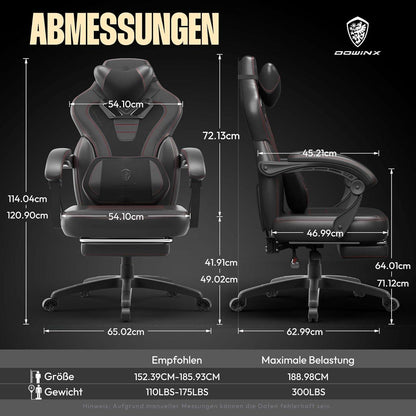Dowinx Gaming Stuhl mit Massage und Fußstütze Schwarz