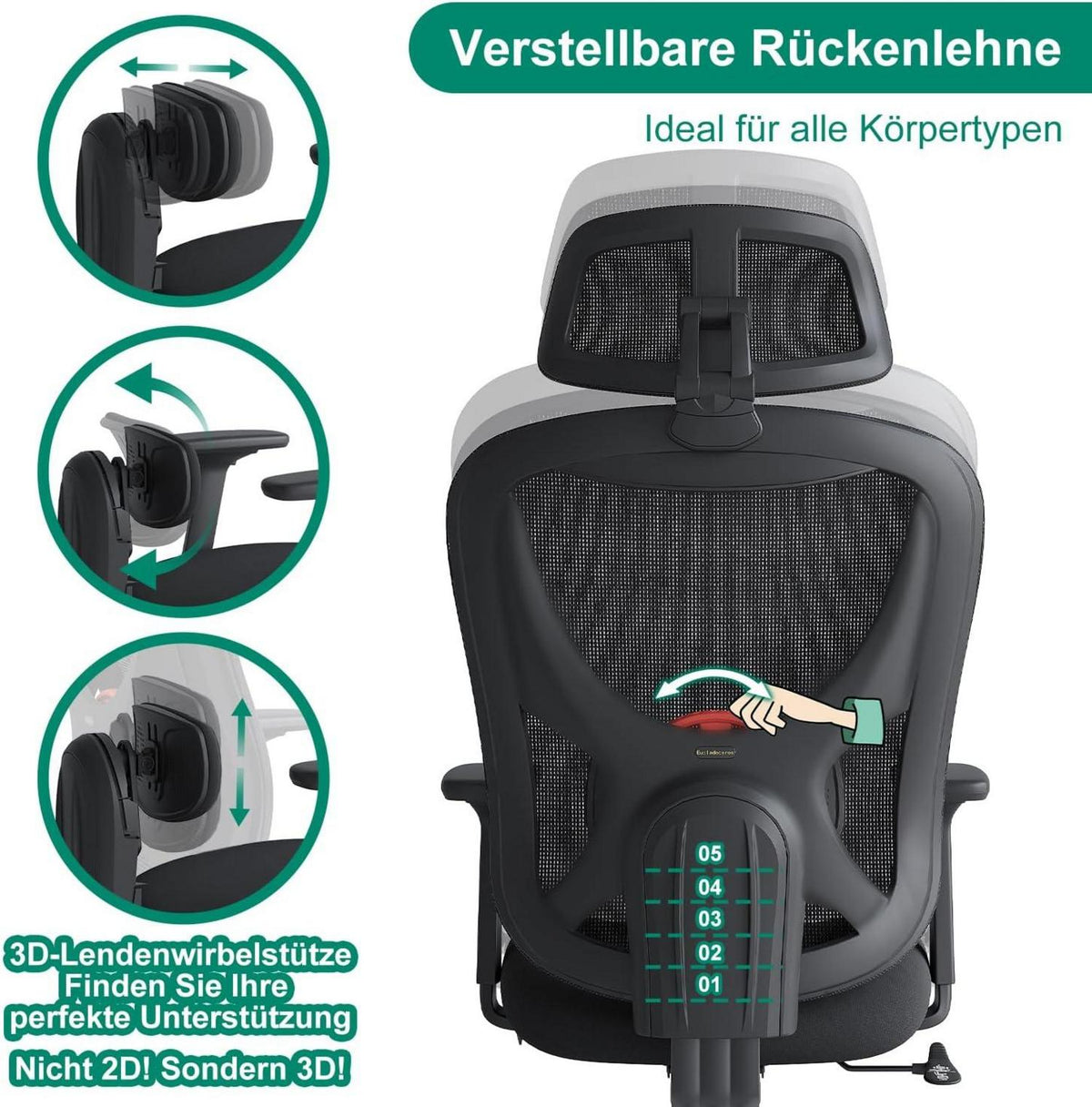 Ergonomischer Bürostuhl mit 3D-Lendenwirbelstütze & verstellbarer Kopfstütze, Schwarz