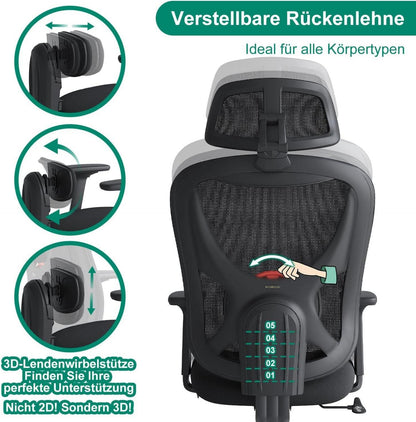 Ergonomischer Bürostuhl mit 3D-Lendenwirbelstütze & verstellbarer Kopfstütze, Schwarz