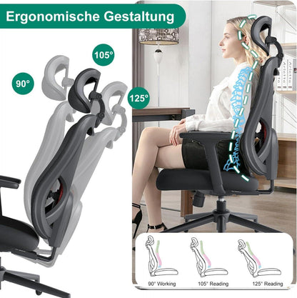 Ergonomischer Bürostuhl mit 3D-Lendenwirbelstütze & verstellbarer Kopfstütze, Schwarz