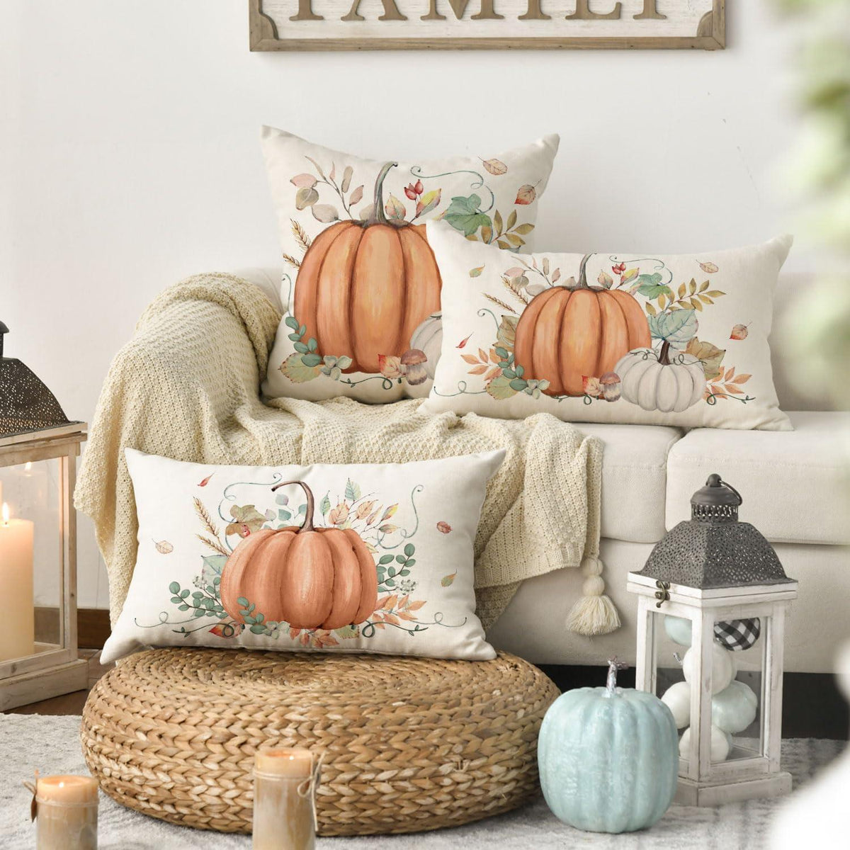 Herbst Kissenbezüge 2er Set 30x50 cm Orange Blätter Kürbisse