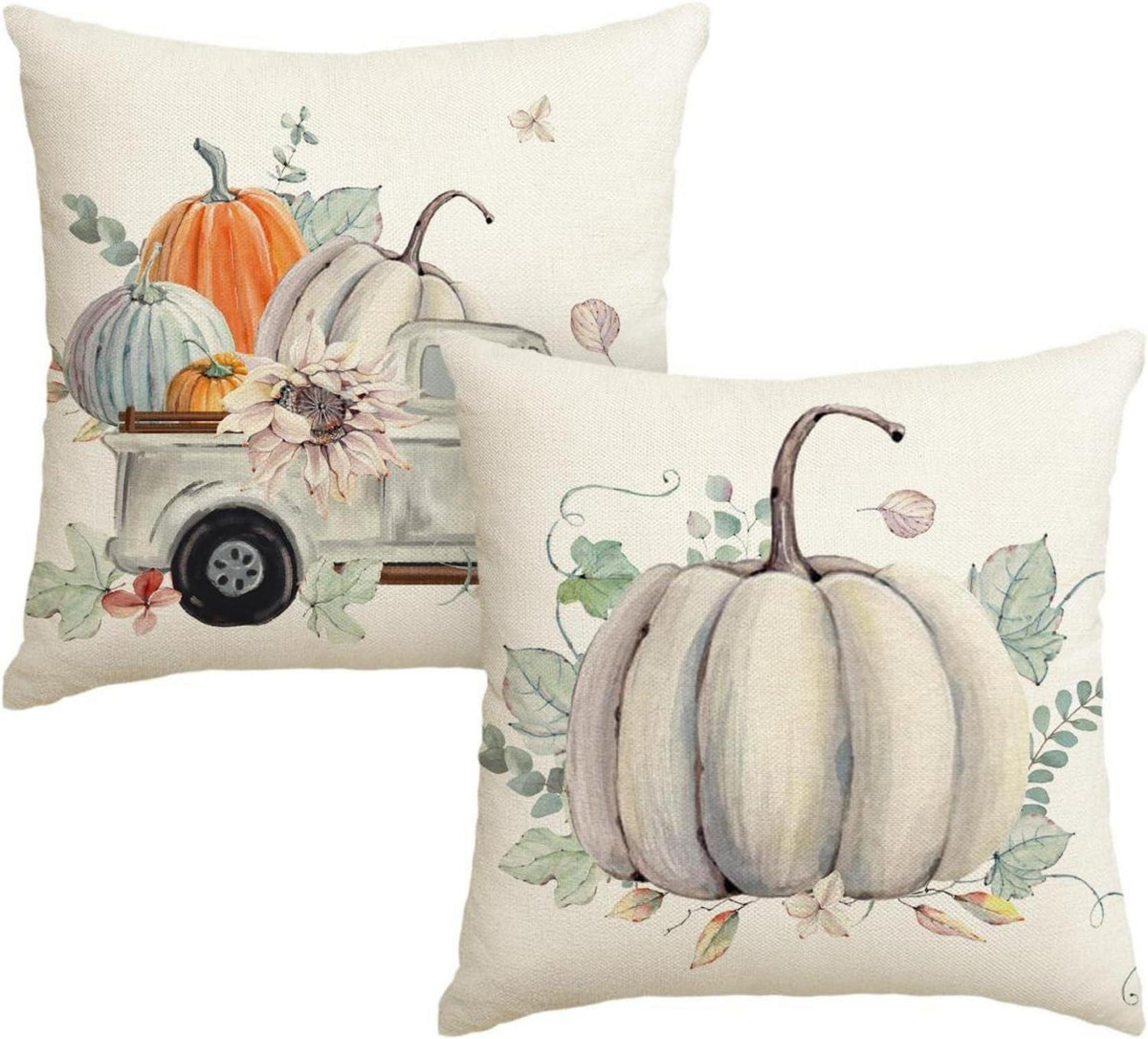 Herbst Kissenbezüge Blätter Kürbisse LKW 45x45cm 2er Set