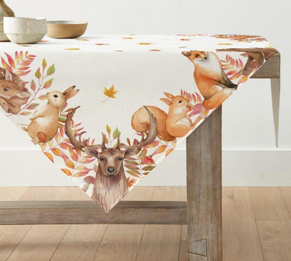 Herbst Tischdecke Bäume Hirsch Vögel Saisonale Dekoration 85x85 cm