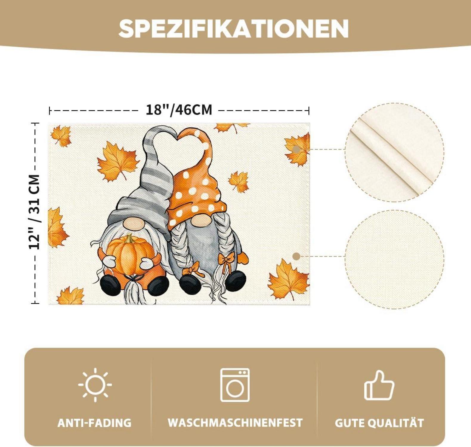 Herbst Tischsets Kürbisse Ahornblätter 4er Set 30x45cm Deco waschbar