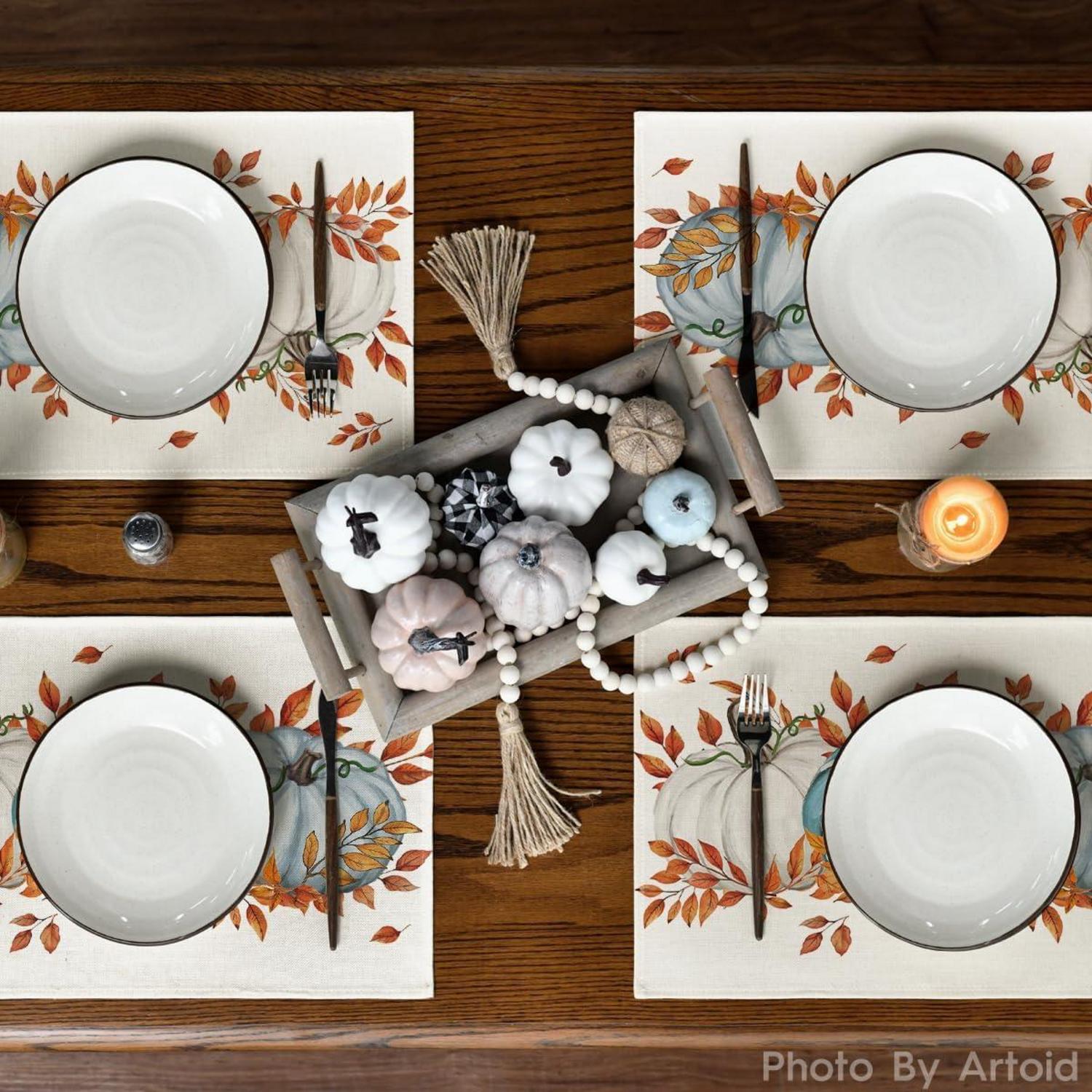 Artoid Mode Herbst Platzsets Blau Kürbisse Tischsets 6er Set 30x45cm