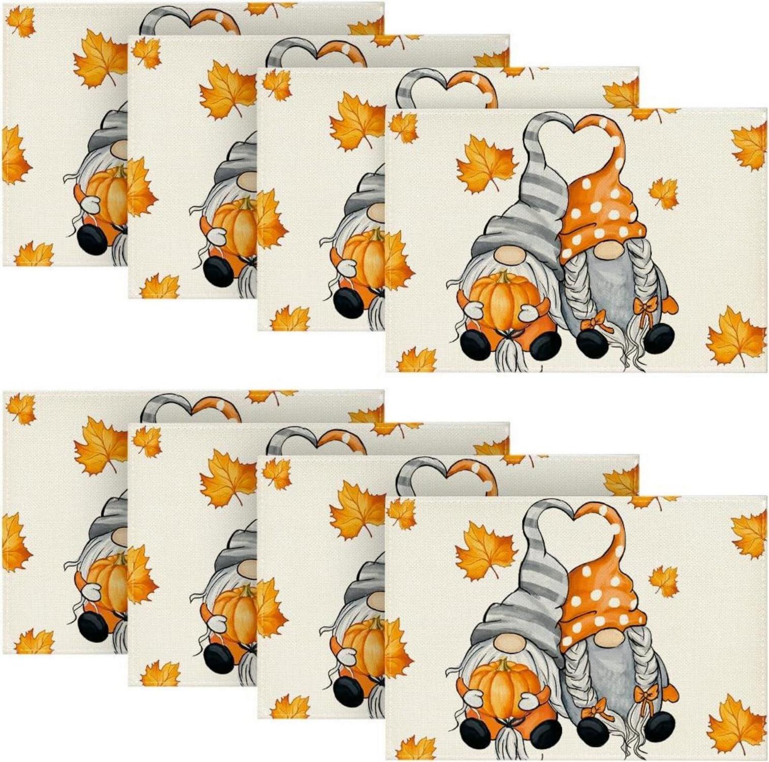 Herbst Platzsets 8er Set Ahornblätter Gnome Deko Tischsets 30x45cm