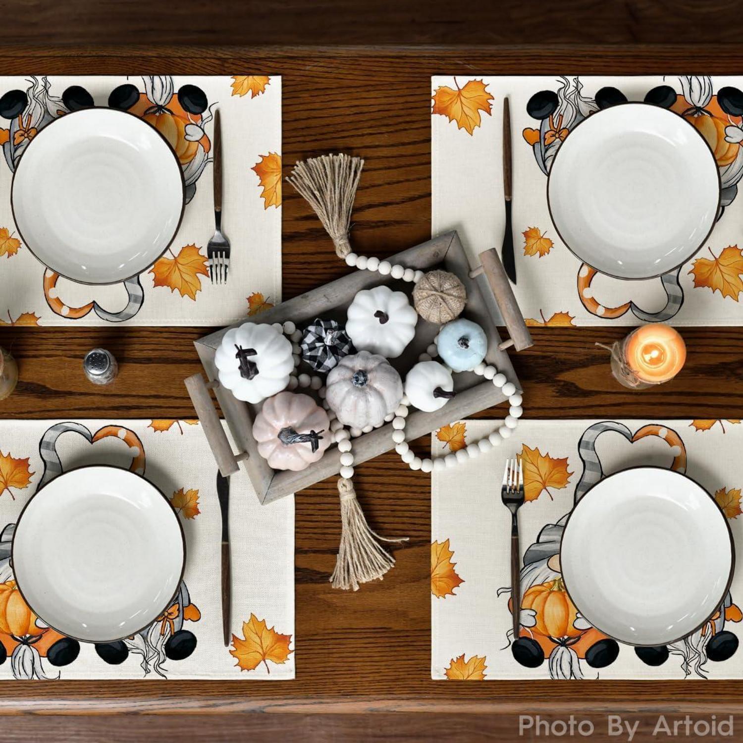 Herbst Platzsets 8er Set Ahornblätter Gnome Deko Tischsets 30x45cm