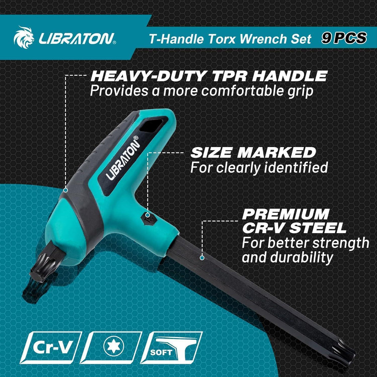 Torx-Schlüsselsatz mit T-Griff, 9-teilig, T10-T50, inkl. Regal