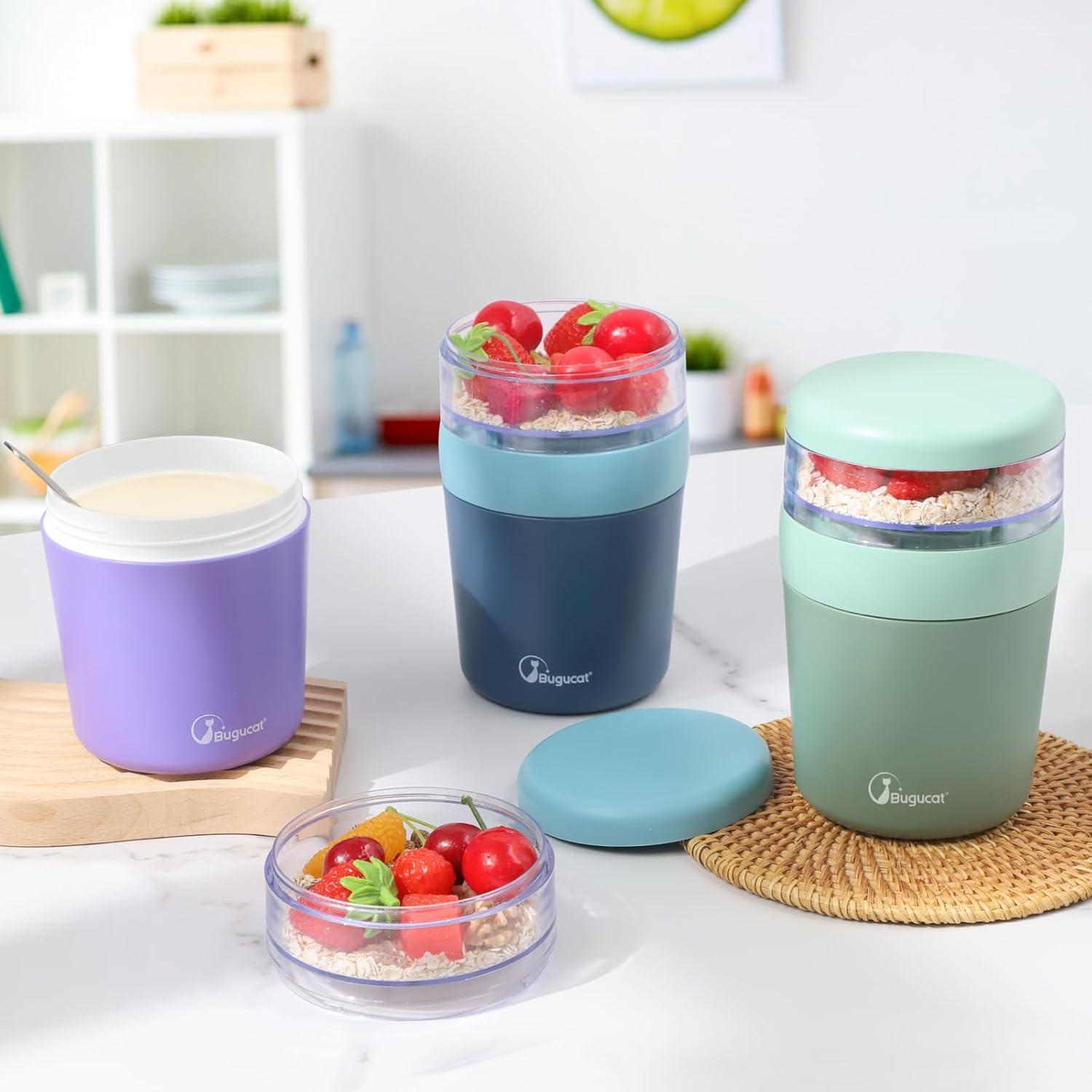 Bugucat Müslibecher to Go 650ml mit Stoffbezug und Löffel, Blau