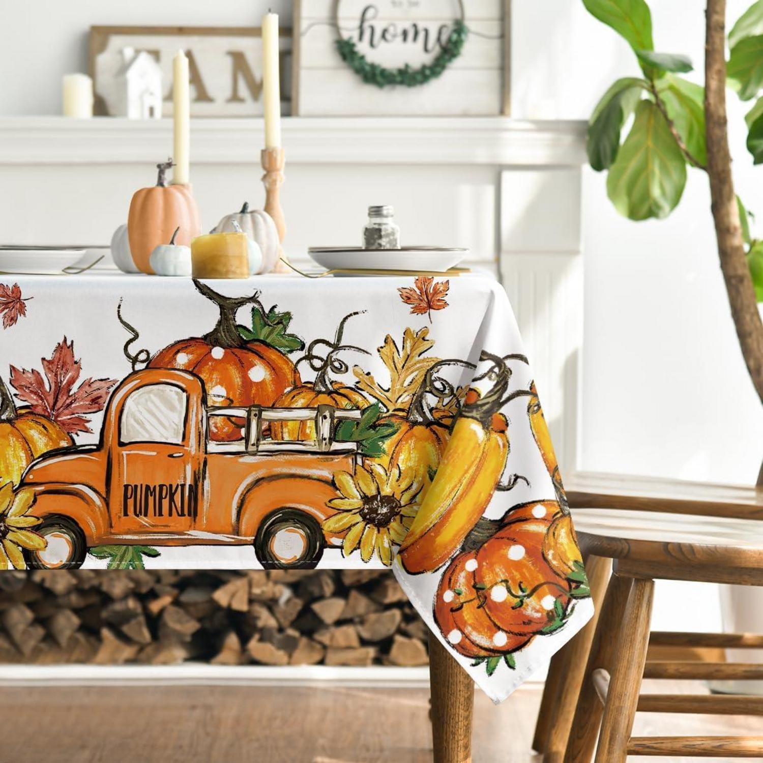 Herbst Tischdecke Kürbisse Blätter Lastkraftwagen Gelb 140x160 cm