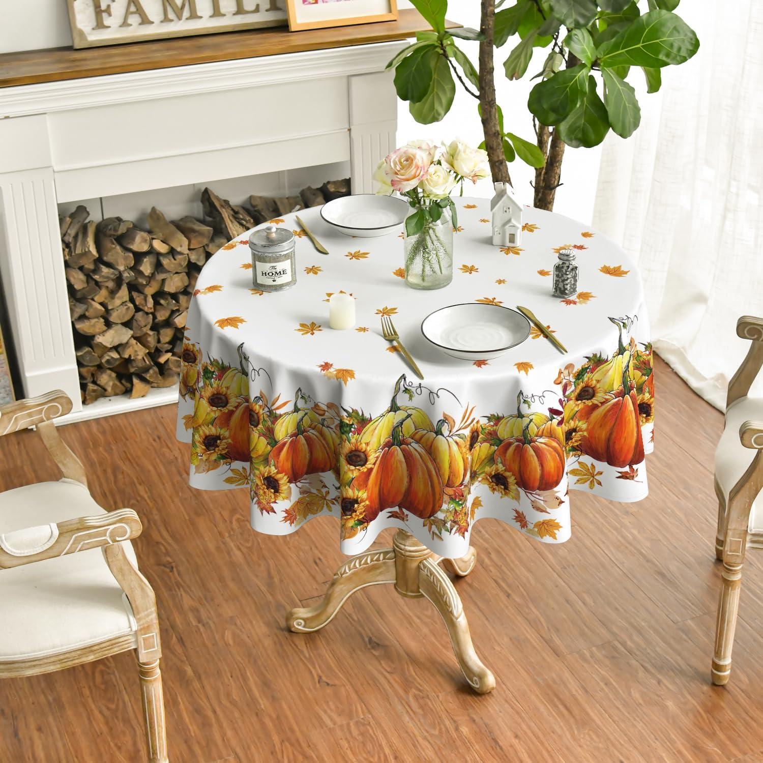 Herbst Tischdecke Rund 140 cm Orange Polyester Maschinenwäsche Fleckschutz