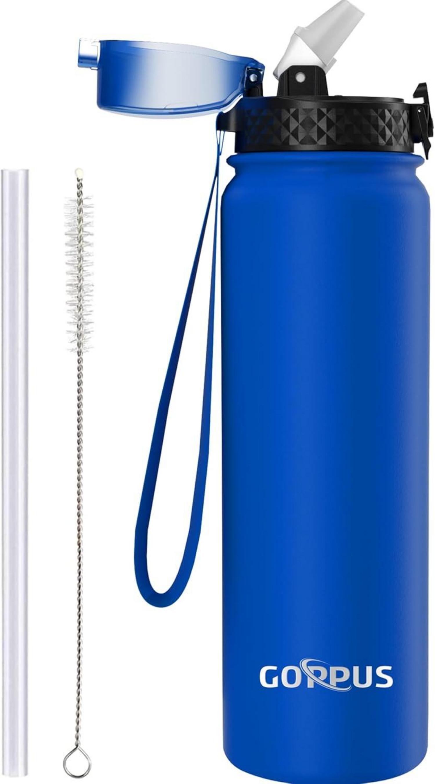 Thermosflasche mit Strohhalm und Trageriemen aus Edelstahl 1L