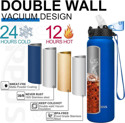 Edelstahl Thermosflasche 1L mit Strohhalm Auslaufsicher Isolierflasche