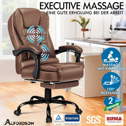 Ergonomischer Bürostuhl mit Massagefunktion und Fußstütze, Leder, Braun