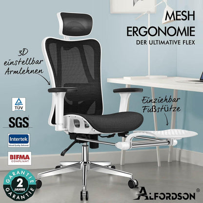 Ergonomischer Netz-Bürostuhl mit 3D-Armlehne und Fußstütze