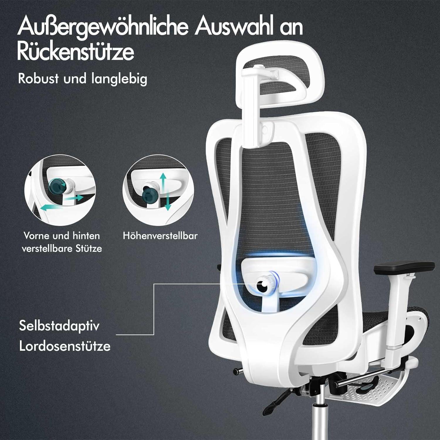 Ergonomischer Netz-Bürostuhl mit 3D-Armlehne, Kopfstütze, Fußstütze, Schwarz
