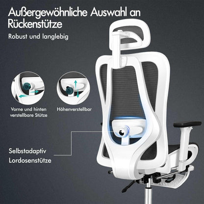 Ergonomischer Netz-Bürostuhl mit 3D-Armlehne, Kopfstütze, Fußstütze, Schwarz