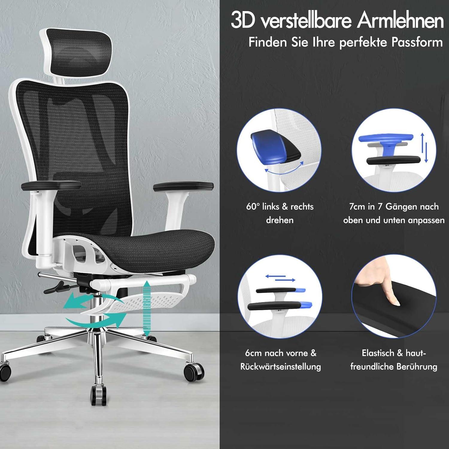 Ergonomischer Netz-Bürostuhl 3D-Armlehne Kopfstütze Schwarz