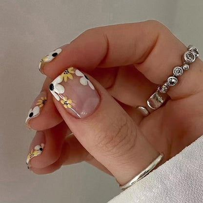 24 Stück Künstliche Nägel Eckig Nude Press on Nails Blumen Design