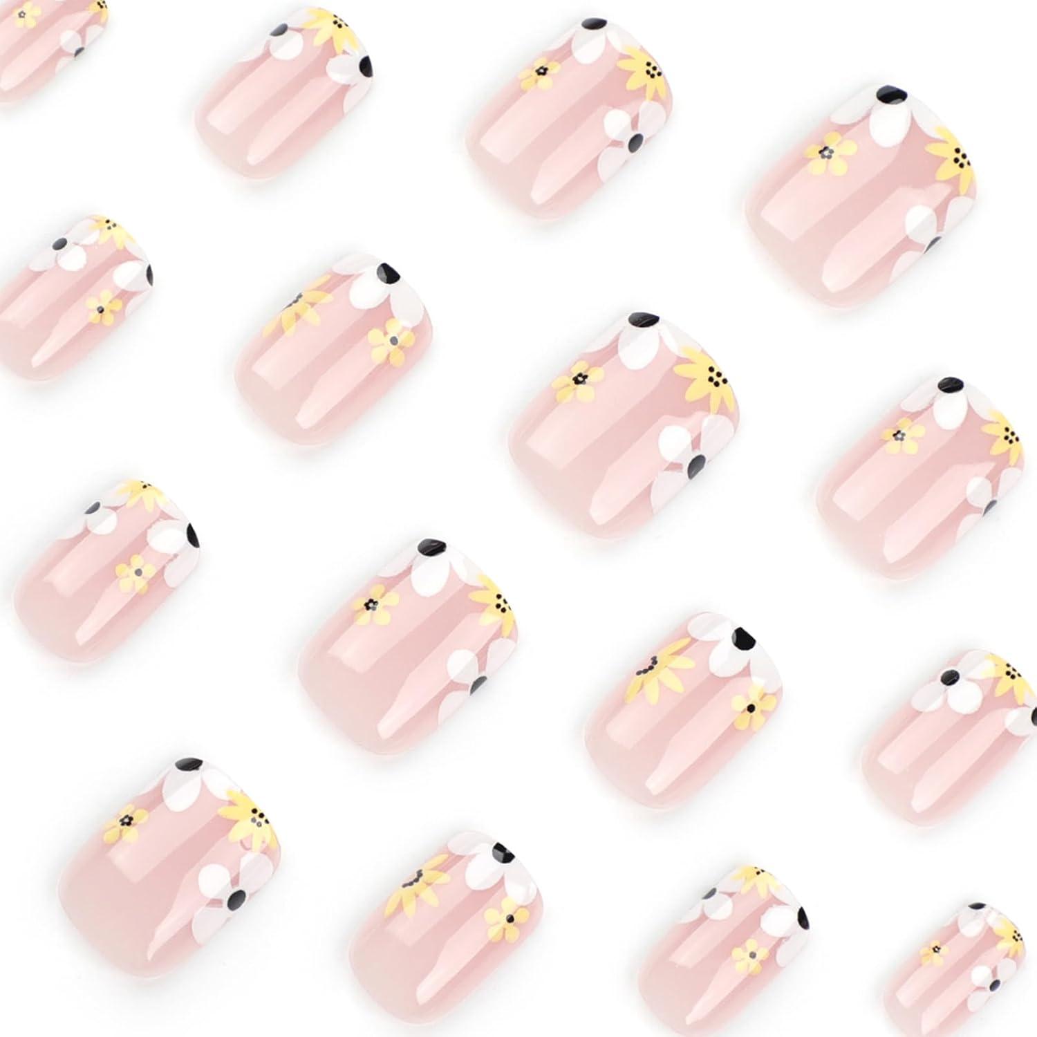 24 Stück Künstliche Nägel Eckig Nude Press on Nails Blumen Design