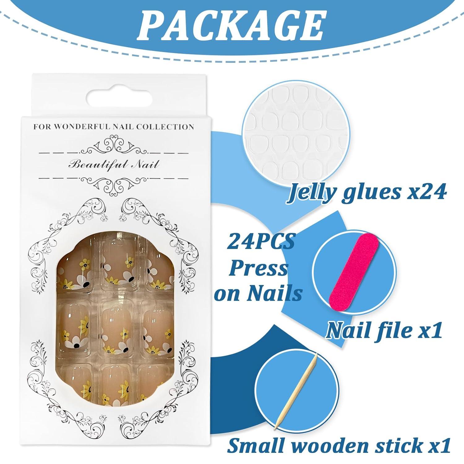 24 Stück Künstliche Nägel Kurz Nude French Press on Nails mit Blumen Design