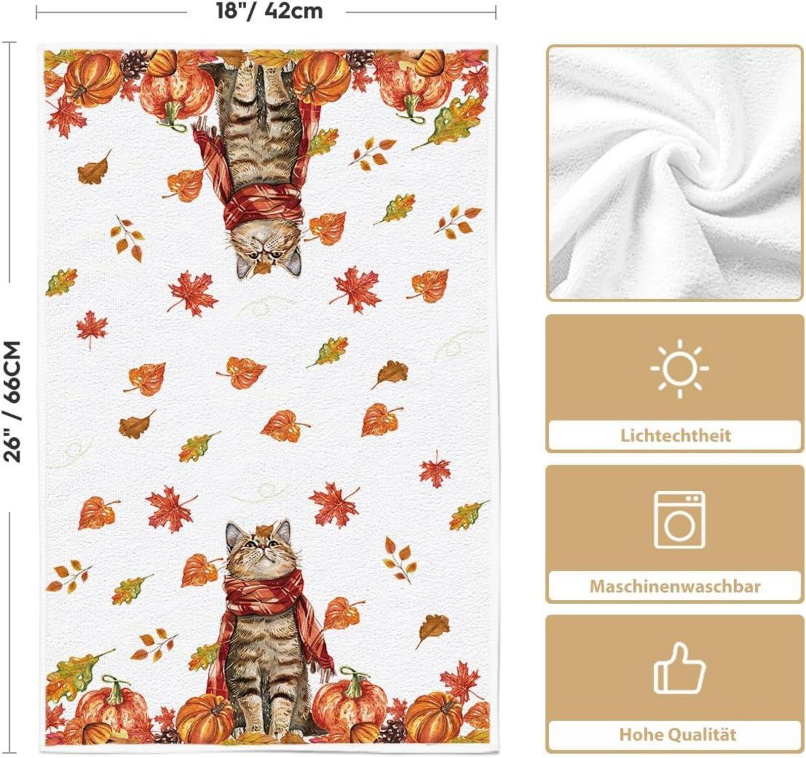 Herbst Küchentücher Set Ahornblätter Katze 42x65cm 2er Pack