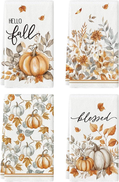 Watercolor Blätter Kürbisse Blumen Herbst Küchentücher 4er Set