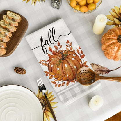Herbstliches Küchentuch Set Büffelkaro Ahornblätter Orange Kürbisse