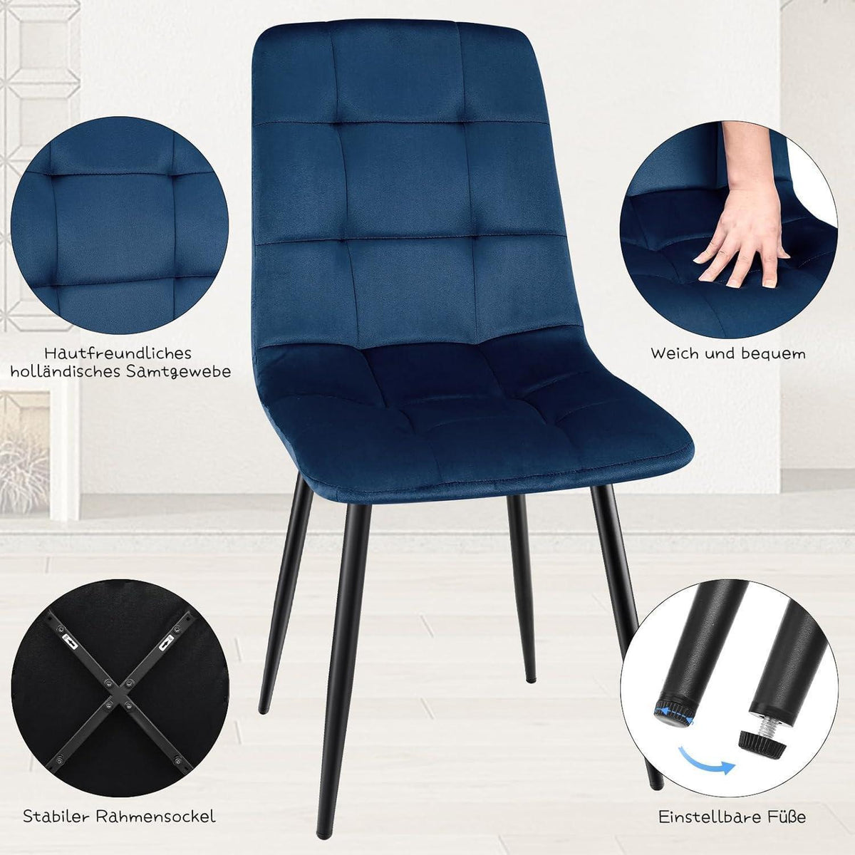 Esszimmerstühle 6er Set, Dunkelblau, Gepolstert & Ergonomisch