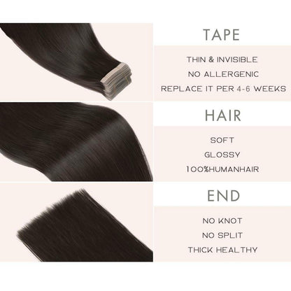 Echthaar Tape Extensions 60cm Schwarz Natürliches Remy Haar