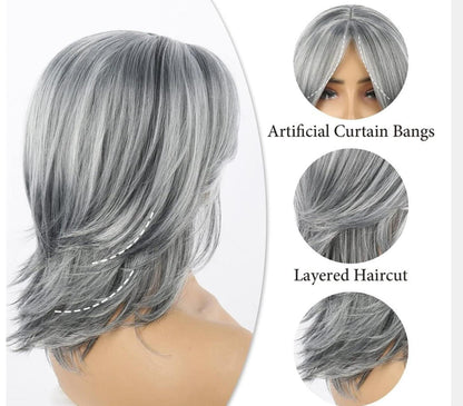 Graue Damen Schulterlänge Synthetik Cosplay Perücke